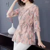 Chemisiers pour femmes mode col rond épissé à lacets nœud chemisier vêtements pour femmes 2023 printemps surdimensionné pulls décontractés chemise florale ample