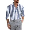 Camicie casual da uomo Uomo Stampa a righe Lino Fibbia Risvolto Colletto rovesciato Magliette a maniche lunghe Camicia da lavoro Abbigliamento maschile Camisa