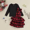 Clothing Sets CitgeeAutumn Christmas Kids Girls Fall Outfits Solid Color Ribbed Long Sleeve T-Shirts Tops Plaid Suspender Skirt Clothes Set