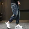 Jeans pour hommes marque jeans coupe ample pantalon à jambes larges vêtements de rue pour hommes bleu poche rayé hiphop surdimensionné 231112