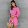 Casual Dresses Turtleneck Sweater Dres Long Sleeve Winter Knitted Dress with Belt Lady Elegant Pink Mini Christmas Party 230421