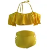 Costume da bagno da donna Costume da bagno diviso di grandi dimensioni con spalle scoperte Abbigliamento da spiaggia a vita alta con pantaloncini bikini con bordo arricciato per donna Set da 2 pezzi