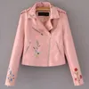 Women s Jackets Embroidery female autumn Korean version of the lapel locomotive PU leather short sleeved jacket Yellow pink Coat 231120