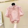 Damenblusen Polka Dots Puppenkragen Chiffonbluse Damen Kurzarmhemd Weiblich 2023 Frühling Sommerkleidung Puffärmel Damenoberteile