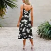 Casual klänningar kvinnor fashionabla sommarklänning wrap v nack ärmlös boho blommig spaghetti rem en linje flytande strand sundress med bälte