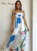 Casual Jurken Elegante Print Kleurrijke Maxi Jurk Vrouwen Hoge Taille Spaghettibandjes Backless Sexy A-lijn Dames Zomer Strandvakantie Gewaad