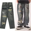 Jeans masculinos harajuku panos vintage soltos azul masculino de rua de rua 2k gótico de manchas de retalhos grandes para mulheres Bermuda