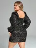 Plus size vestidos de casamento convidado vestido outono 2023 mulher manga longa lantejoulas noite clube festa formal preto curto mini