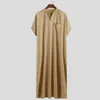 Ethnic Clothing Men Fashion Long Robes Short Sleeve Round Neck Robe Man Vintage Solid Color Muslim Kaftan Shirts Casual Jubba Thobe