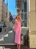 Casual Dresses Boho Inspird Satin Effect Cut Out Dress for Women Straight Neck Midi Sexy Summer Pink Party 2023