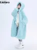 Dames Bont Nepbont Lautaro Winter Lang Oversized Casual Dik Warm Blauw Dik Warm Fuzzy Fluffy Imitatiebontjas Dames met Kap Rits Mode 2023L231121