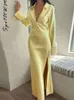 Femmes Sexy col en V profond robe mode revers à manches longues taille haute côté fendu Maxi Robes élégantes femmes Robes de soirée