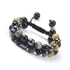 Bracelet réglable en perles d'oeil de tigre multicolores lisses rondes à deux couches de 8 mm et hématite en pierre d'onyx noir