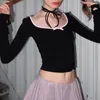 Women's T Shirts Gaono Knitted Crop Top With Bow Patchwork Basic T-shirt Square Collar Contrast Color Black Sweet Girl Outfits Y2K