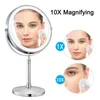 Miroirs compacts Miroir de maquillage doré de 8 pouces avec lumière USB chargeant un miroir de courtoisie grossissant 10X rétro-éclairé réglable miroir cosmétique sur pied 231120