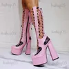 Bottes RIBETRINI rose Style Punk bout rond Plaform talons hauts découpe été genou bottes hautes fermeture éclair marque Designer chaussures de mode bottes T231121