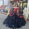 Princesse noire robes de Quinceanera avec des fleurs sur les épaules robe de bal volants anniversaire 16 robe de soirée formelle grand arc Baile Charro robes de 15 quinceanera 2023