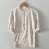 Magliette da uomo Camicia di lino in cotone Uomo Donna 2023 Primavera Estate Cachi con scollo a V T-shirt a maniche corte sottili a righe T-shirt casual traspiranti