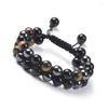 Bracelet réglable en perles d'oeil de tigre multicolores lisses rondes à deux couches de 8 mm et hématite en pierre d'onyx noir