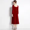 Casual Dresses Vintage Bourgogne Red Velvet Dress Woman Solid Puff Sleeve Square Collar Elegant Lady Dinner Hepburn Retro Vestido Festa