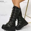 GIGIFOX Vrouwen Goth Platform Hakken Knie Hoge Laarzen Motorfiets Wiggen Hakken Vlam Gesp Merk Designer Cosplay Schoenen Vrouw T231121