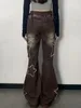 Damskie dżinsy gwiazdy rozerwane z frędzlami graficzna brązowa płomienna dżinsowa dżinsowa spodnie niewielkie butcut Bell Domowy talia Y2K spodnie eleganckie vintage gotyckie