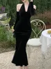 Casual Dresses Vintage Sexy Velvet Black Dress For Women Elegant Bodycon Slim Evening Party Female Halter Solid Vestidos