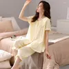 Damesnachtkleding Puur katoenen pyjama voor de zomer Dunne capri-huiskledingset met korte mouwen