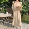 Damen-Nachtwäsche, koreanisches Rüschen-Nachtkleid für Frauen, elegantes Spitzen-Nachthemd, einteiliger Pyjama, langärmlig, quadratischer Kragen, Heimkleidung