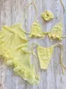 Mulheres Swimwear 3 PCS Maiô com Malha Curta Praia Sarong Biquini Beachwear Outfit 2023 Senhora Verão Amarelo Lilás Biquíni