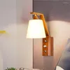 Wandleuchte im neochinesischen Stil Holz Nachttischlampe mit Zugschalter Glasleuchte für El Wohnzimmer MB0097