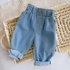 Byxor 2023 Autumn and Winter Jeans Baby Girl Clothes Boy High midja Solid Color Warme Bolver Clothing