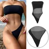 Maillot de bain pour femme Sexy Girls Maillot de bain Splicing Mesh Voir à travers le dos nu Bikini taille haute String transparent