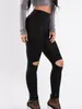 Leggings pour femmes trou déchiré solide pantalon de yoga noir taille haute sport gym sexy femmes en cours d'exécution entraînement fitness collants activewear leggins