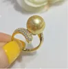 Cluster Rings Gorgeous Huge 11-10mm Round Natural South China Sea Gold Pearl Ring 925S