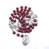 Pendentif Colliers Diyalo Vin Rouge Perles de prière en bois Chaîne Sept Douleurs Rosaire Collier Notre-Dame Médaille Chapelet Baptême Bijoux Cadeaux