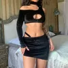 Work Dresses AVV Autumn Fashion Black Velvet Two Piece One Shoulder Cut Out Sexy Long Sleeve Crop Top And Ruched Asymmetrical Mini Skirt