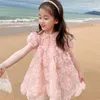 Robes d'été pour petites filles, tenue princesse à fleurs 3D, col perlé, à la mode, vêtements d'anniversaire pour enfants