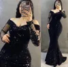 Glitter Sequins Mermaid Black Evening Dress Off The Shoulder Long Sleeves Lace Appliques Women Prom Formal Party Gowns Robe De Soiree