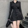 Casual Dresses Houzhou Black Shirt Dres Elegant Vintage Long Sleeve Sexig Gothic Pleated Streetwear Turndown Collar Robe 230421