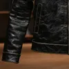 Jaqueta de couro masculina de couro jeans americano laca preta partícula marrom vermelho Amikaki camada de couro de vaca