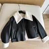Women's Jackets Shearling Fleece Lined Leather Jacket Big Collared Black Khaki Crop Motorcycle Tops Autumn Winter