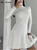 Minivestido plisado liso a la moda para mujer, Vestido corto tejido de manga larga con cuello alto y corte en A, Vestidos hasta la rodilla, Vestidos elegantes para fiesta y discoteca