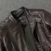 Chaqueta de cuero de imitación para hombre, chaqueta de piel de vaca con capa superior, moda SlimFit, cuello levantado, bombardero de ocio, 100% genuino, cremallera corta Vintage M 231120