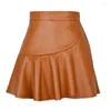 Saias Mulheres Moda Mini Saia Uma Linha Alta Cintura Faux Couro Assimétrico Ruffles Side Zipper Outono Cor Sólida