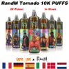 RandM Tornado Puff 10000 cigarettes électroniques jetables dispositif de contrôle du flux d'air 6 couleurs lumière RVB 0% 2% 5% en option 10K Puffs Vape Pen 24 saveurs aléatoires