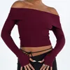 Kadın Tişörtleri Kapalı Omuz Kırpılmış Üstler Düz Renkli Şeritli Örme Uzun Kollu İnce Fit Örgü Tees Zarif Vintage Coquette T-Shirt