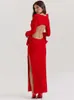Модное открытое красное платье миди с бантом, женское сексуальное платье с круглым вырезом и длинным рукавом с открытой спиной, тонкие платья с разрезом, элегантные женские вечерние халаты