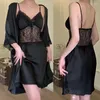 Vêtements de nuit pour femmes été chemise de nuit ensemble soie rayonne femmes dentelle Perspective chemise de nuit casual Kimono peignoir robe maison robe Femme