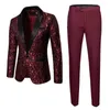 Abiti da uomo Moda Uomo Business Abito jacquard Due pezzi Nero / Oro Vino Rosso Abito da cerimonia nuziale Homme Blazer e pantaloni